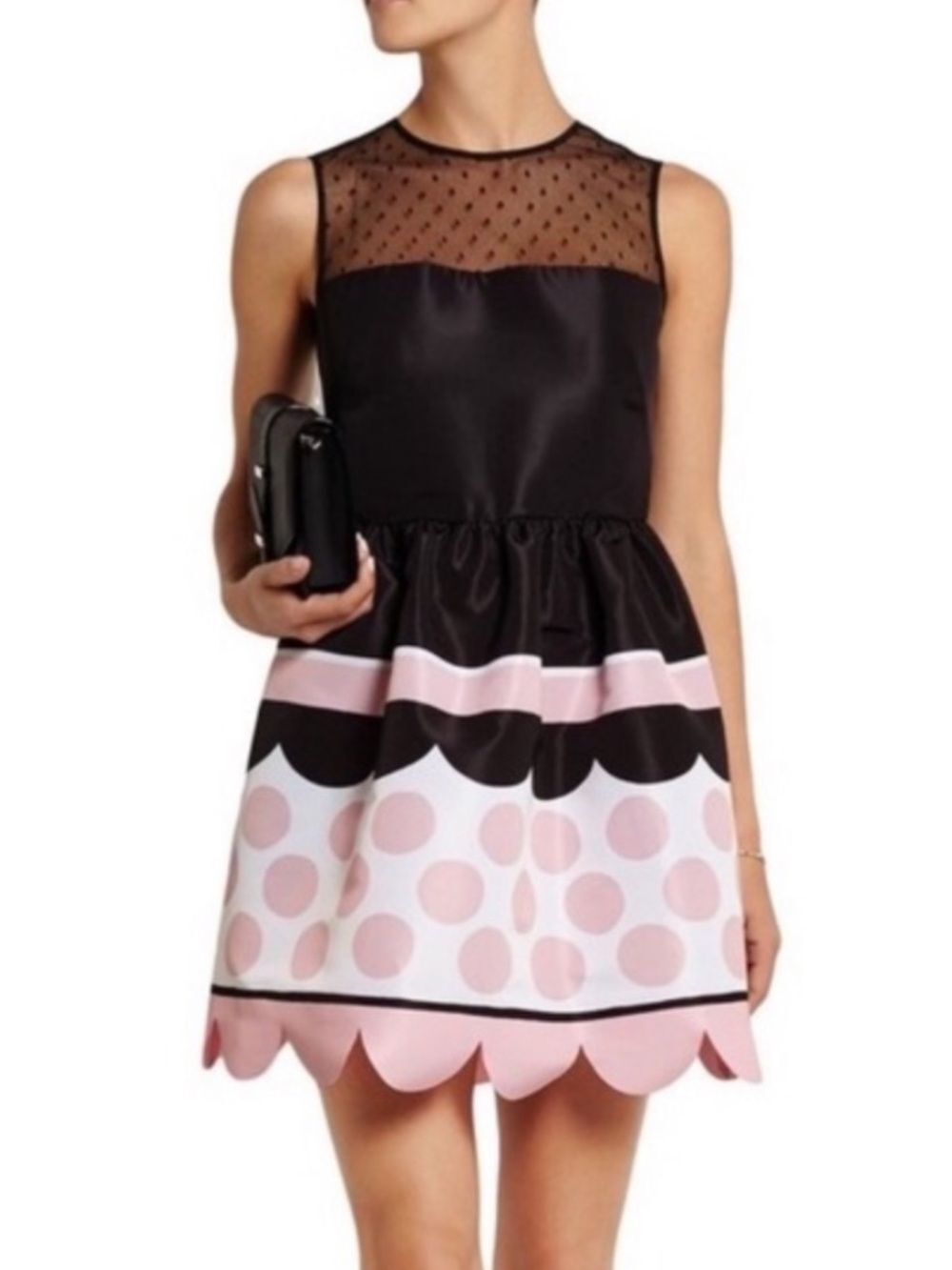Red Valentino Taffeta Polka Dot Scallop Dress Black Pink Sz 42 US 4